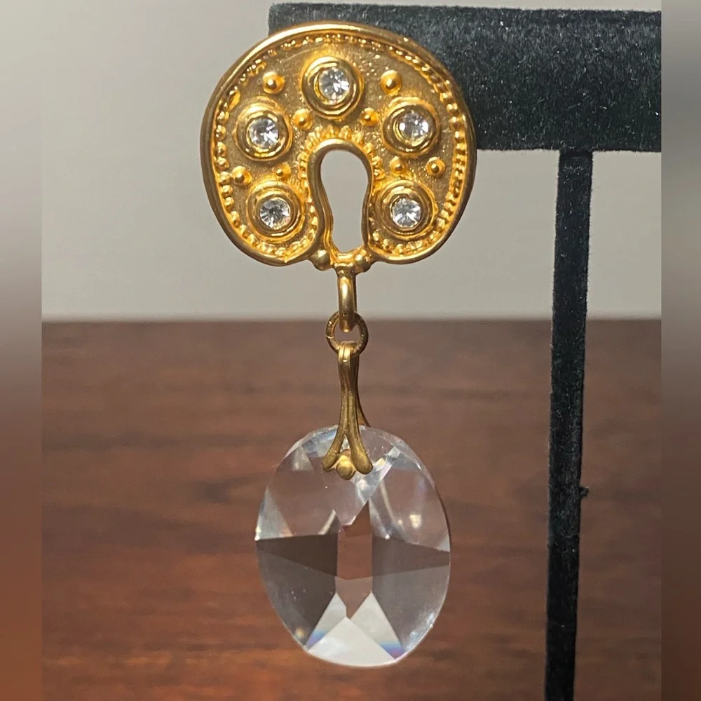 Gold Tone Drop Earrings | Faceted Clear Dangles Statement - Picture 5 of 11